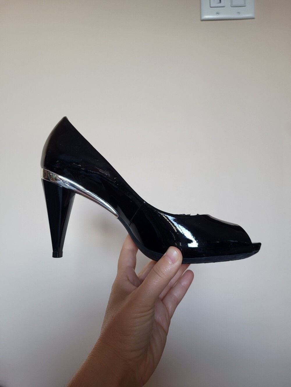 Geox Patent Leather Black Open Toe Heels